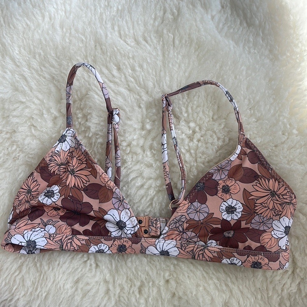 Heartland and Baulch Brown and Cream Floral Triangle Bikini Top Medium Tropical